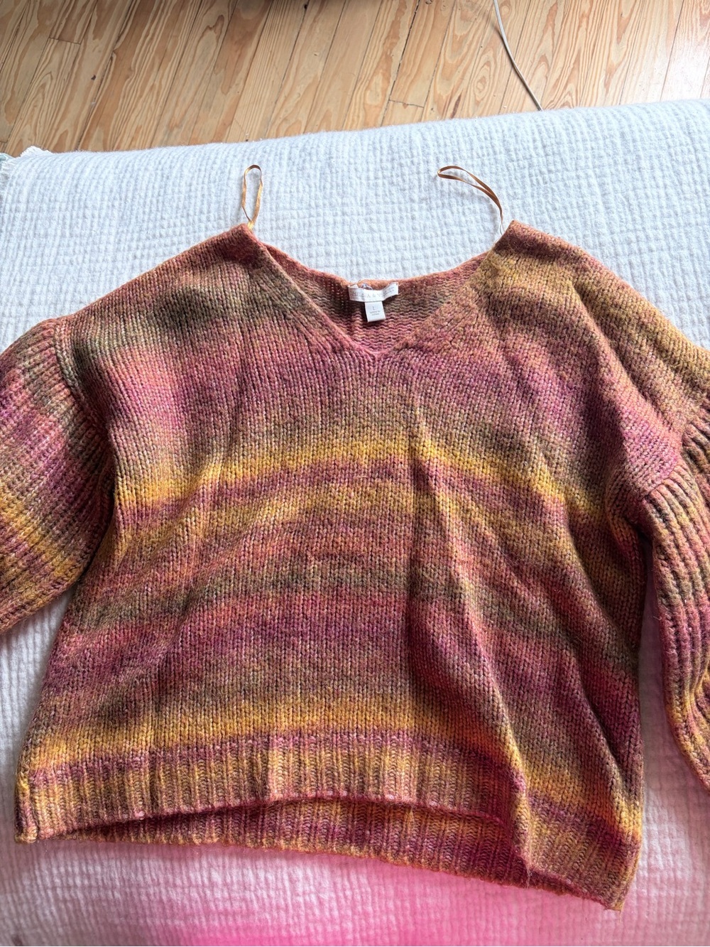 Chelsea & Violet V-Neck Striped Knit Sweater in Pink, Gold, Brown